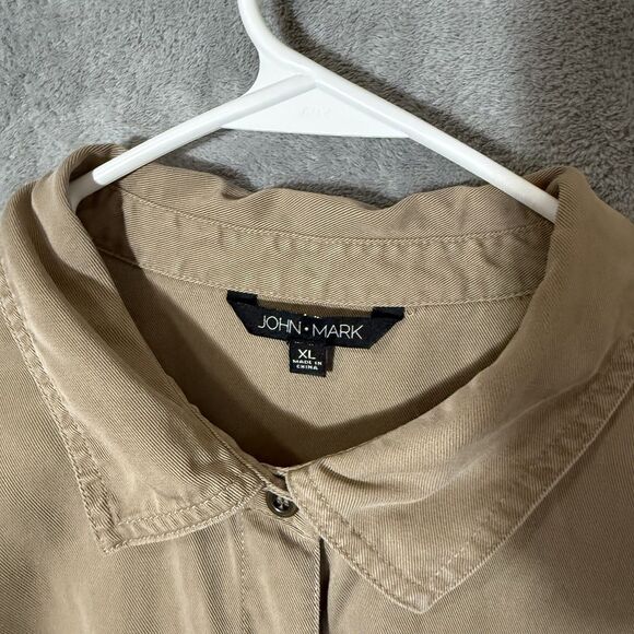 John Mark Top XL Tan Mixed Media Floral Long Sleeve  Boho Roll Tab Sleeve - Picture 2 of 8